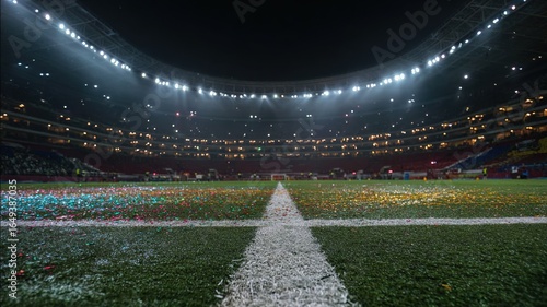 Wide view of empty soccer stadium at dusk with turf confetti, blurred stands and season finale energy