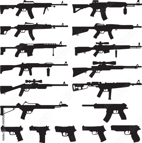 Collection of black rifle and pistol silhouettes on white background Keywords: rifle, pistol, gun