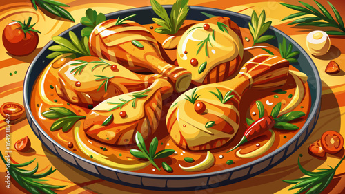 Delicious grilled chicken pieces rest in creamy mustard sauce, garnished with fresh herbs, creating a mouthwatering dish perfect for any meal, blending golden textures, rich flavors, and inviting warm