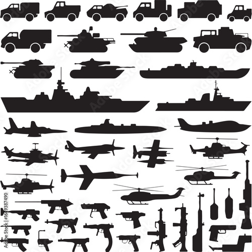 Military Transportation Icons Aircraft Ships Tanks Trucks and Weapons vehicle
