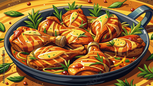 Delicious grilled chicken pieces rest in creamy mustard sauce, garnished with fresh herbs, creating a mouthwatering dish perfect for any meal, blending golden textures, rich flavors, and inviting warm