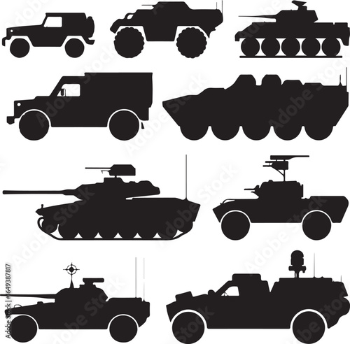 Collection of military armored vehicles and tanks in silhouette vector illustration