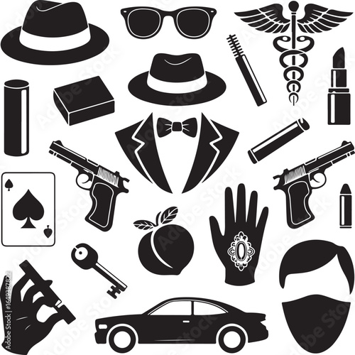 Vintage Spy and Detective Icons Fedora Sunglasses Gun Lipstick Key Car eyeglasses caduceus
