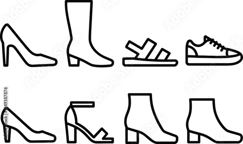 Line Art Fashion Footwear Collection Outlines on Transparent Background Stock