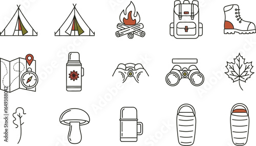 Camping and outdoor adventure equipment icons, including tents, campfires, backpacks, boots, maps, compasses, thermoses, binoculars, leaves, mushrooms, and sleeping bags