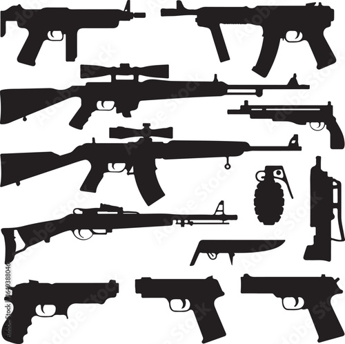 Silhouettes of various firearms including rifles pistols and grenades guns