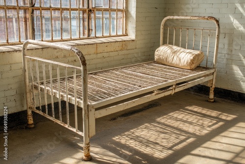 Rusty metal hospital bed in sunlit room