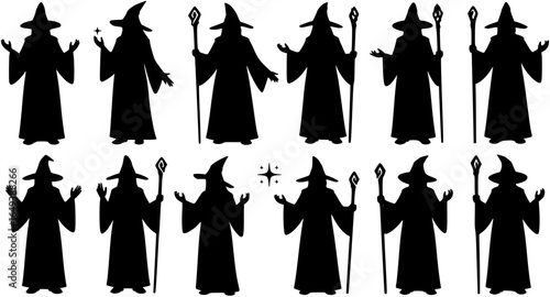 vector silhouette of a wizard with a staff in a hat on a white backgroun