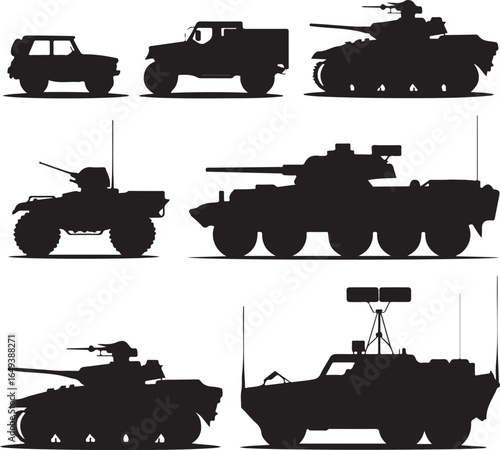 Silhouettes of various military vehicles including tanks and armored cars trucks