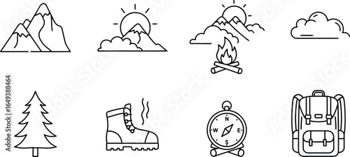 Set of vector line icons of camping and outdoor recreation