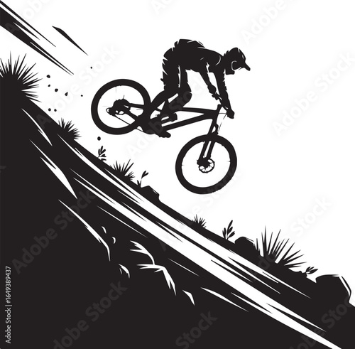 Mountain biker jumping over a hill with dynamic silhouette style