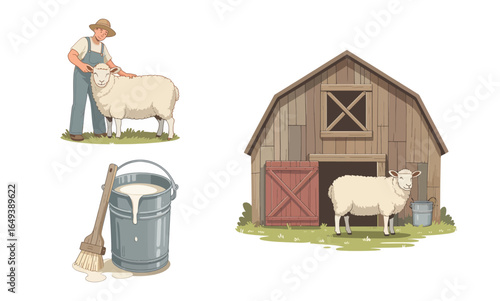 A charming illustrated set of farm life elements, including a farmer with a sheep, a rustic wooden barn, and a bucket of milk.