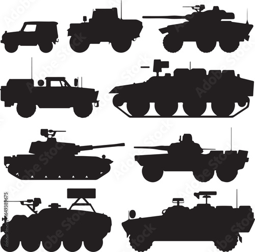Silhouettes of various military armored vehicles and tanks vector illustration