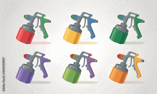 A collection of six colorful cartoon-style paint spray guns with attached canisters.