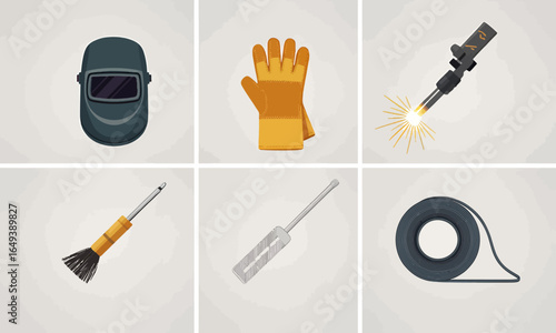 A collection of six illustrated welding tools and safety equipment icons, including a helmet, glove, and sparking torch.