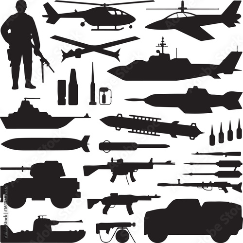 Military equipment silhouettes including soldier helicopter tank and weapons vector illustration