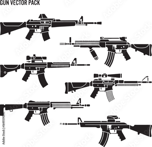 Modern Assault Rifle Silhouettes with Scopes and Accessories firearm