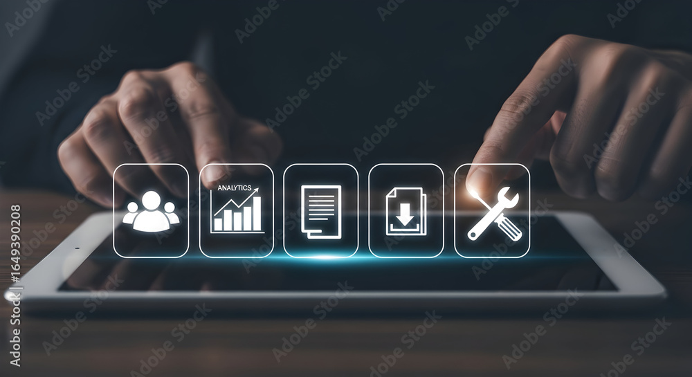 Naklejka premium Business user interacting with digital interface displaying analytics, documents, and tools for strategic planning