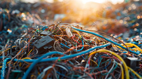 Sunlight Shining Over Pile of Recycled Electronic Cables and Copper Wires.