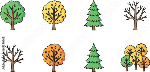 Illustration of various trees representing different seasons, including autumn, winter, spring, and summer, perfect for nature-themed designs.