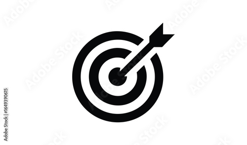 Black and white illustration of an archery target with an arrow in the bullseye