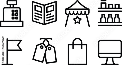 Line Icons Cash Register, Newsletter, Tent, Shelf, Flag, Tags, Bag, and Monitor
