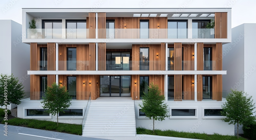 Fototapeta premium Modern residential building with vertical wooden louvers and balconies showcasing contemporary architecture