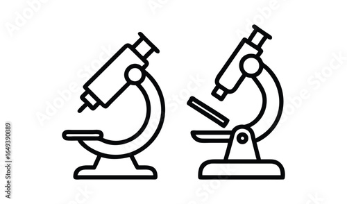 Two simple line art icons of microscopes facing each other