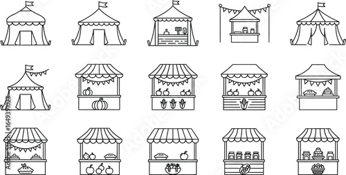 Collection of hand-drawn market stalls and tents, perfect for a fair, festival, or trade event in black and sketch style
