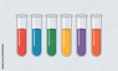 A row of six illustrated glass test tubes filled with vibrant, colorful chemical liquids.