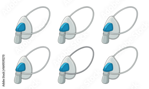 A set of cartoon-style medical oxygen masks with blue valves, grey tubes, and elastic straps.