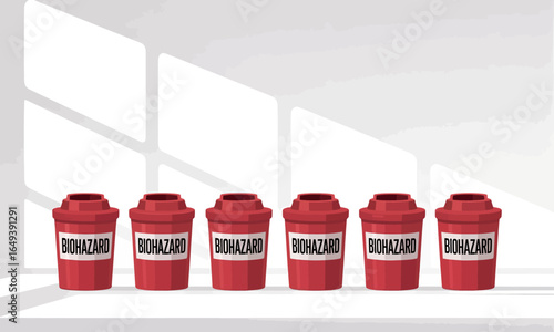 A row of six red biohazard containers with white labels for medical waste disposal.
