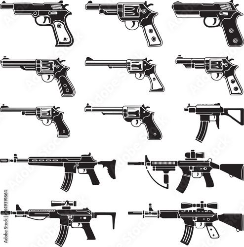 Assortment of handgun and rifle firearm weapon silhouettes in black and white pistol
