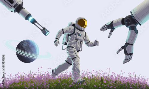A vector illustration of an astronaut in a white spacesuit with a golden visor, captured in a dynamic running motion.