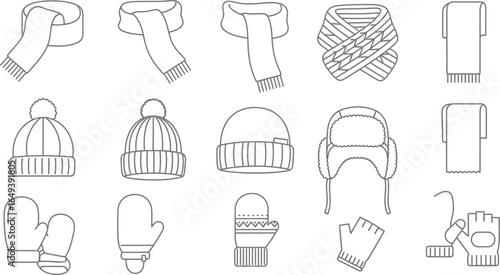 Collection of hand-drawn winter clothing accessories, including scarves, hats, and mittens in black and sketch style