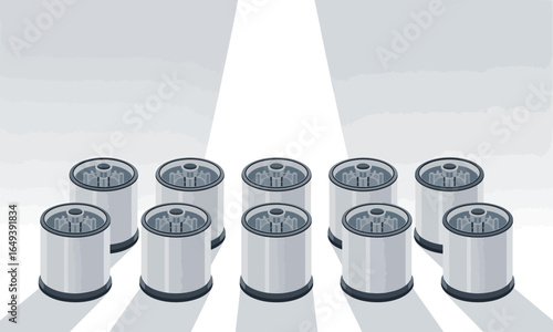 Array of isometric cylindrical modules with transparent lids showing internal gears.