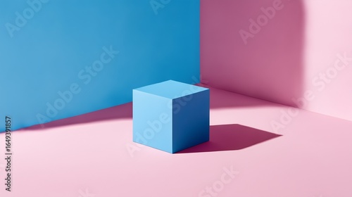 Minimalist Geometric Composition with Blue Cube on Pink Surface