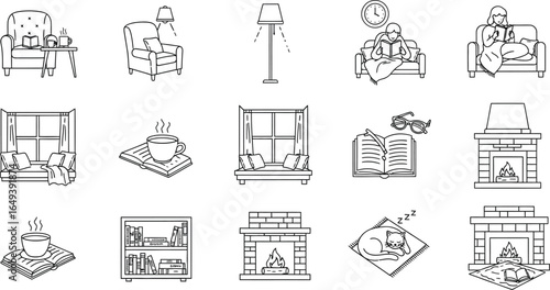 Collection of cozy home interior illustrations, featuring furniture, a fireplace, and reading elements for relaxation and comfort