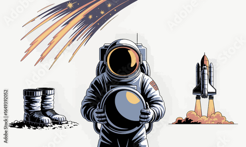 Astronaut in Space Suit Holding Sphere with Rocket Launch and Boots