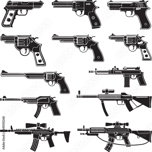 Assortment of handgun and rifle firearm weapon silhouettes in black and white pistol