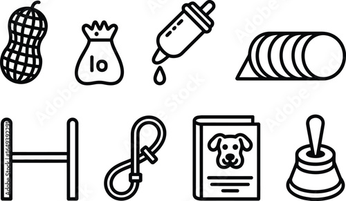 Linear Icon Set Peanut, Treats, Medicine, Dog Agility Tunnel, Leash and Dog Book