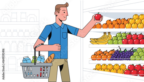 Man shopping for fresh produce in a grocery store with a basket.