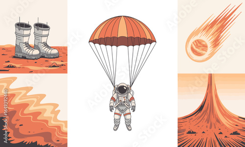 Cartoon astronaut in a white spacesuit descending with a large orange parachute.