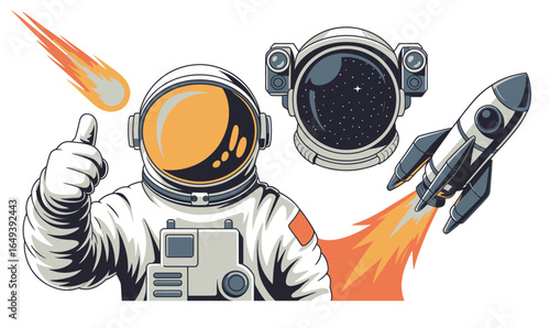 Cartoon Astronaut Giving Thumbs Up with Rocket and Meteor