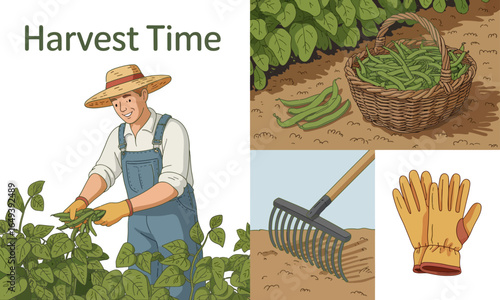 Cartoon Farmer Harvesting Green Beans Wearing Overalls and Straw Hat