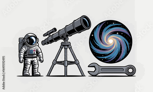Cartoon Astronaut, Telescope, Swirling Galaxy, and Wrench Illustration