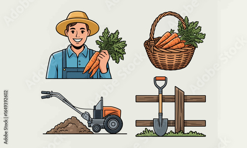 Cartoon Farming and Agriculture Illustration Set with Farmer, Carrots, Tiller, and Shovel