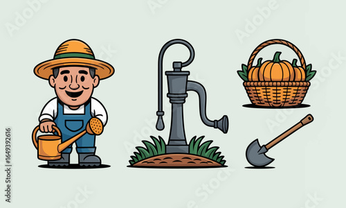 Cartoon farming icon set with a friendly farmer, water pump, pumpkin basket, and shovel.