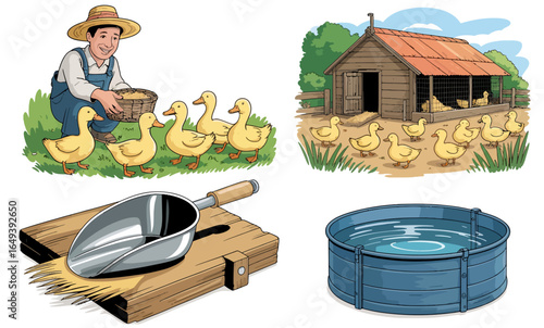 Cartoon Illustration Set of a Farmer Feeding Ducklings with Coop, Feed Scoop, and Water Tub.