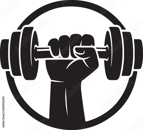 Black silhouette of a fist holding a dumbbell inside an oval frame strength power